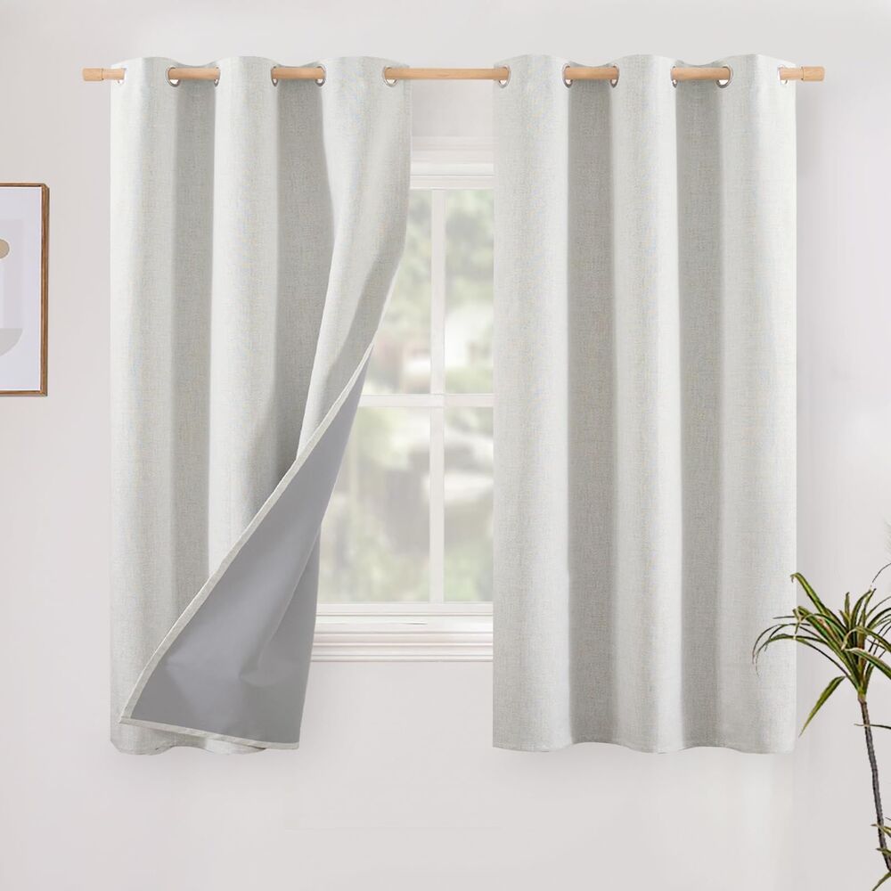 Set of 2 Curtain Panels, 42 X 40 Inch, Ivory Linen Blackout Curtains
